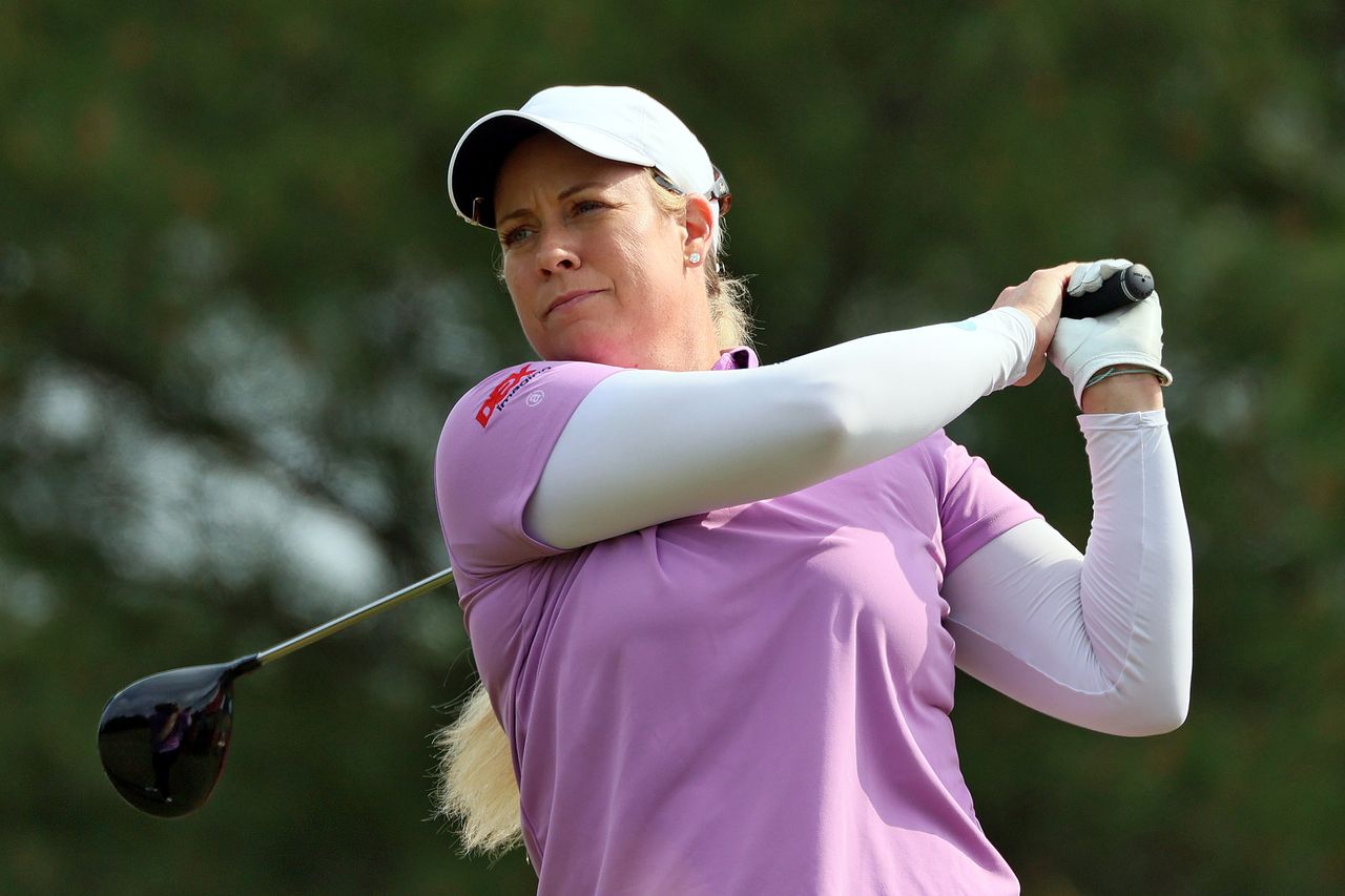 Brittany Lincicome of Seminole, Florida hits from the 12th tee during the second round of the Meijer LPGA Classic golf tournament