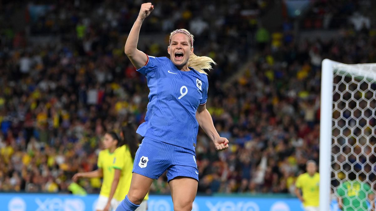 Eugenie Le Sommer of France celebrates scoring ahead of the Australia vs France Women&#039;s World Cup 2023 quarter-final game.