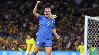 Eugenie Le Sommer of France celebrates scoring ahead of the Australia vs France Women's World Cup 2023 quarter-final game.