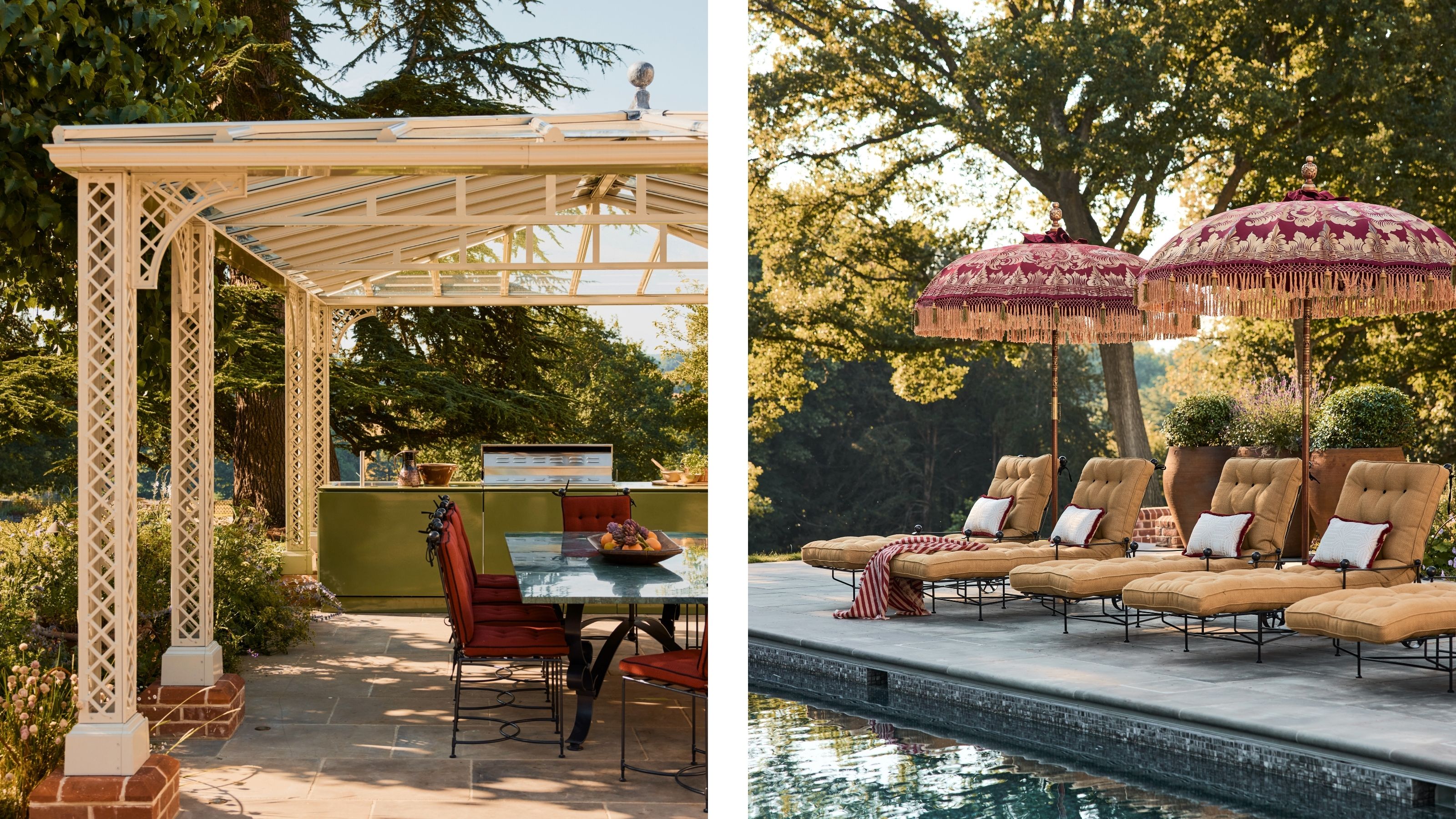 two side by side images of a eccentric backyard with red garden chairs and a poolside lined with loungers and fringed patio umbrellas