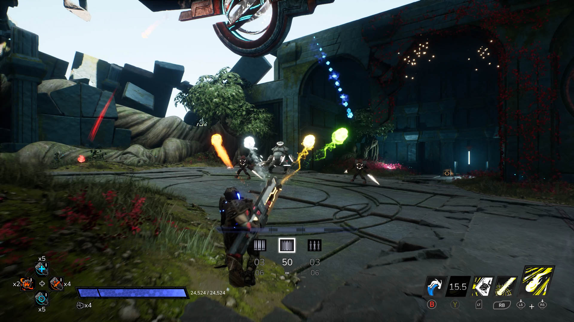 Blasting a spread of bullets at enemies in Empyreal with the cannon