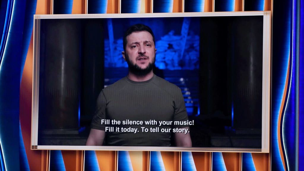 Ukrainian President Volodymyr Zelensky speaks in a taped message at the 2022 Grammy Awards.