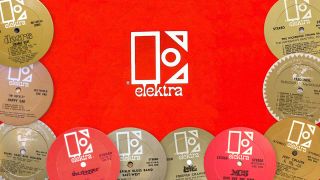 The Elektra logo surrounded by centre labels from 10 albums released on Elektra
