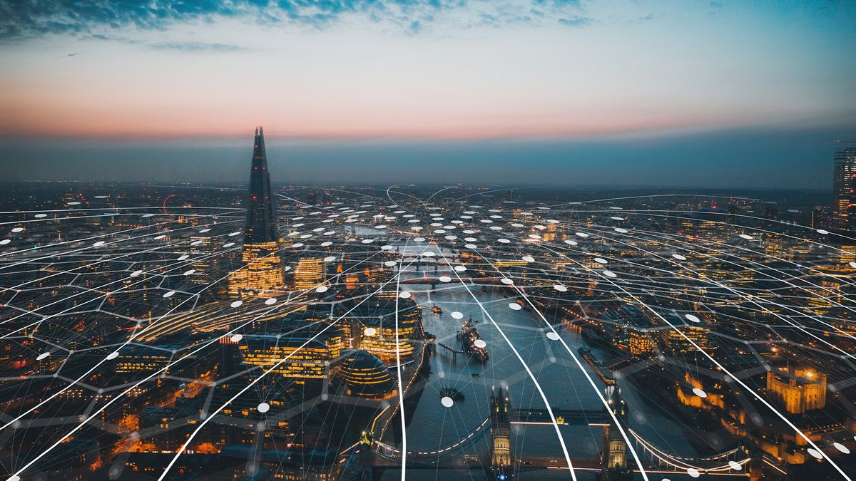 Digital connectivity concept image showing London skyline with network links located at various points.