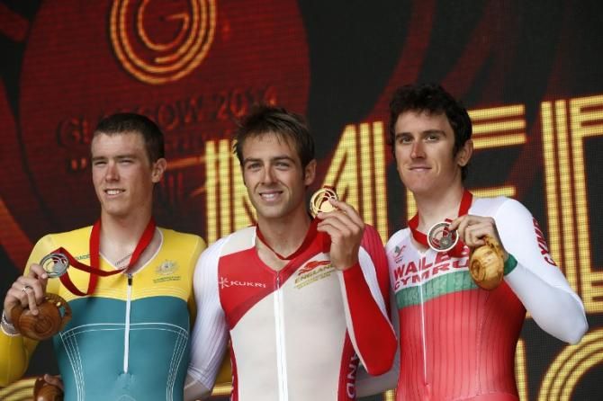 The men's time trial podium at the Commonwealth Games: Rohan Dennis, Alex Dowsett and Geraint Thomas
