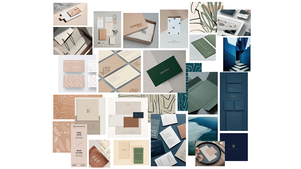 A design moodboard showing business cards and colour palettes