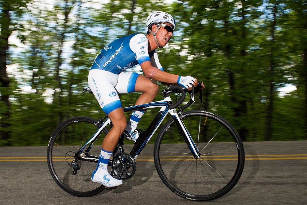 A Team Novo Nordisk Development (USA) rider makes his way up the switchback section of the course.