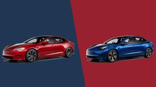 Tesla Model S and Tesla Model 3 side by side on a colored background