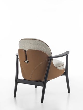 Milan Design Week Porada back detail of Ginkgo accent chair in wood, leather and grey seat
