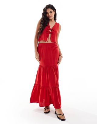 Miss Selfridge Linen Tiered Maxi Skirt in Red