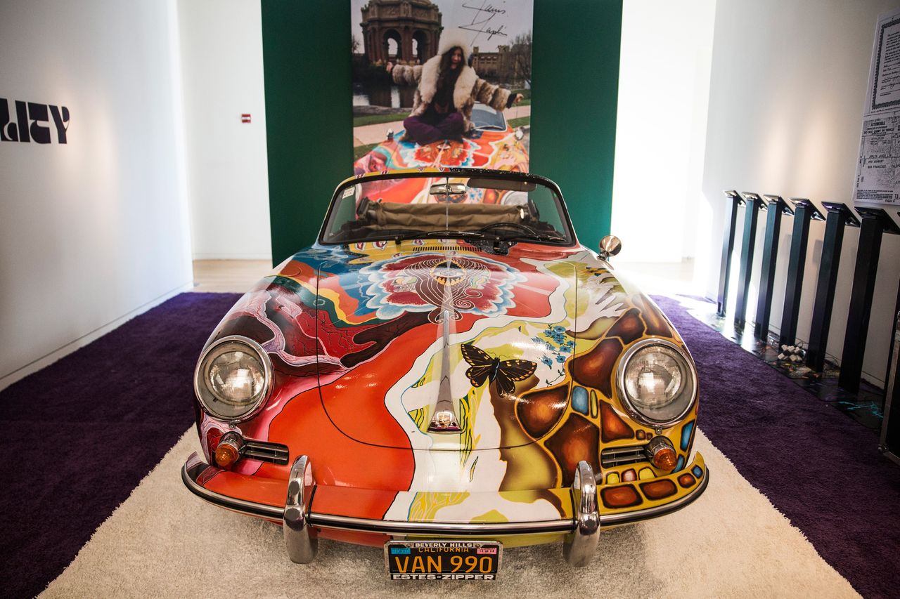 NEW YORK, NY - DECEMBER 04:The Janis Joplin 1964 Porsche 356 C 1600 SC Cabriolet sits on display at Sotheby's during a press preview before the "Driven by Disruption" auction on December 4, 2