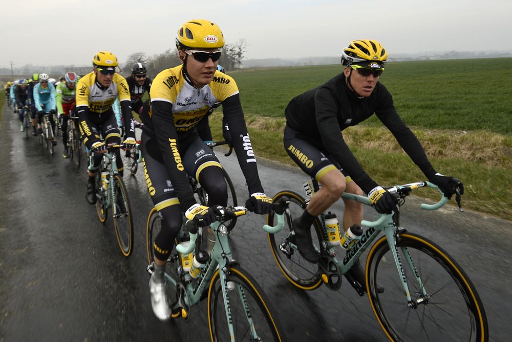 Wilco Kelderman rides in the pack with his Lotto NL - Jumbo teammates.