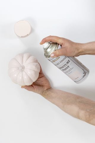 Spray painting a pumpkin in chalk paint white