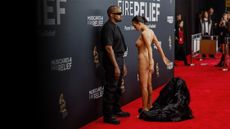 Kanye West and Bianca Censori, revealing her naked dress, at the 67th Grammys in Los Angeles