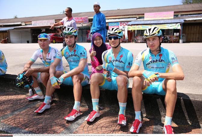 Astana Pro Team riders Andrea Guardini, Alexsandr Dyachenko and Dmitriy Gruzdev