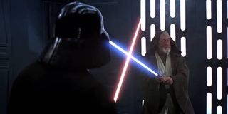 Obi-Wan Kenobi in a lightsaber duel with Darth Vader