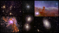 Six Euclid images are shown. The first two are starry and galactic-spotted sections of space. The third is a gassy nebula that exhibits a small hook-shaped feature toward the top left. The fourth is a patchy, pink and orange section of space, the fifth is a blobby and hazy area against the backdrop of space and the final one is an individual spiral galaxy.