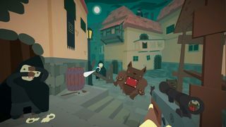 Screenshot of Sulfur from first person of a character pointing a shotgun at a monster in a moonlit village