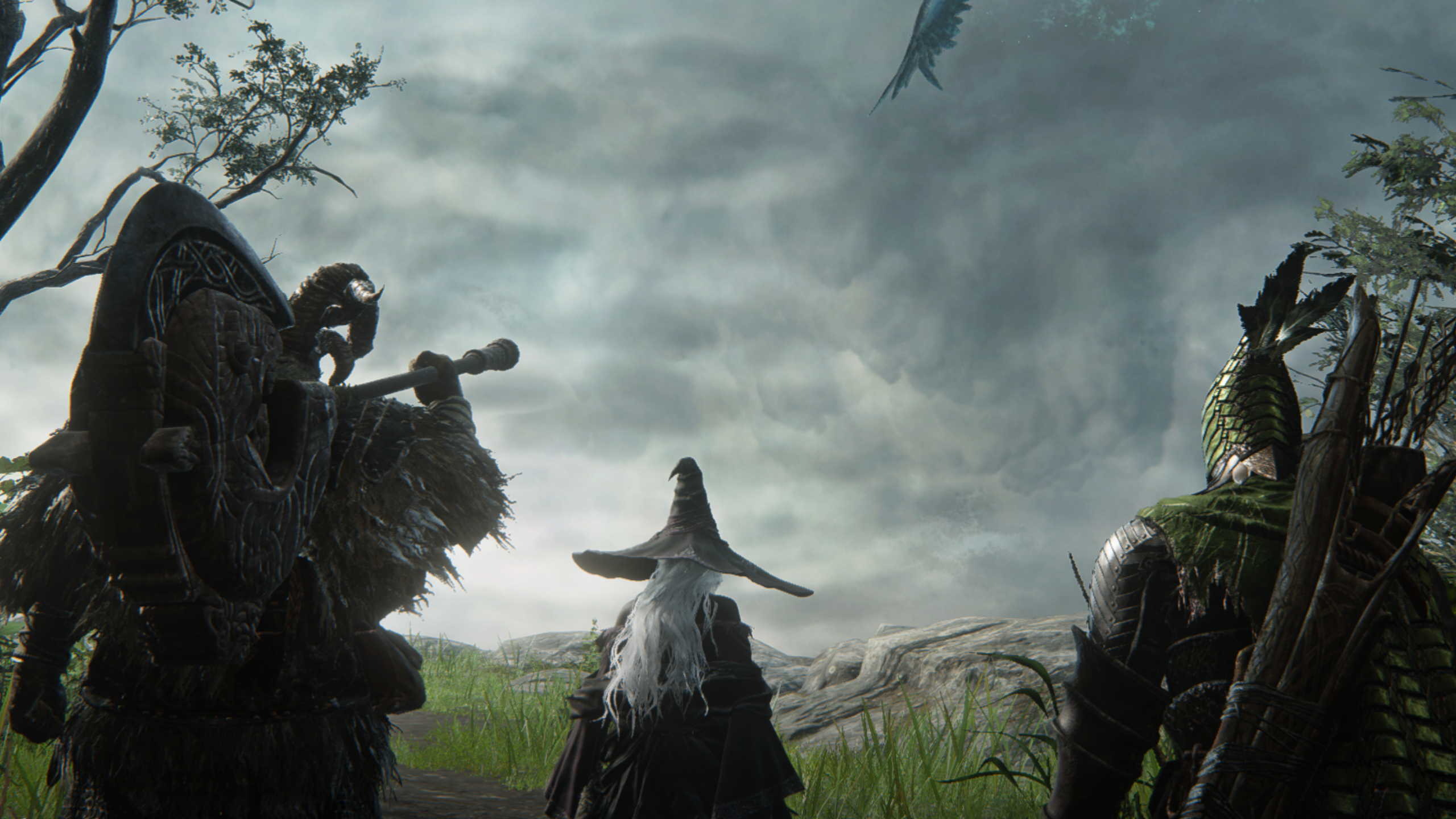 Elden Ring Nightreign multiplayer: From left to right, a Raider, Recluse, and Ironeye walk towards the ledge to ride spectral hawks from the Roundtable Hold.