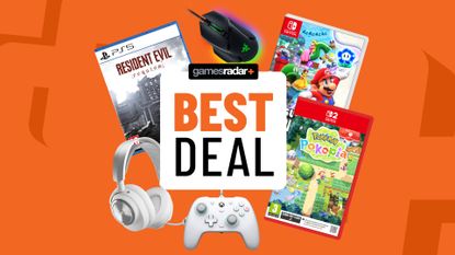 Nintendo Switch and PS5 games and accessories on an orange background with best deal badge