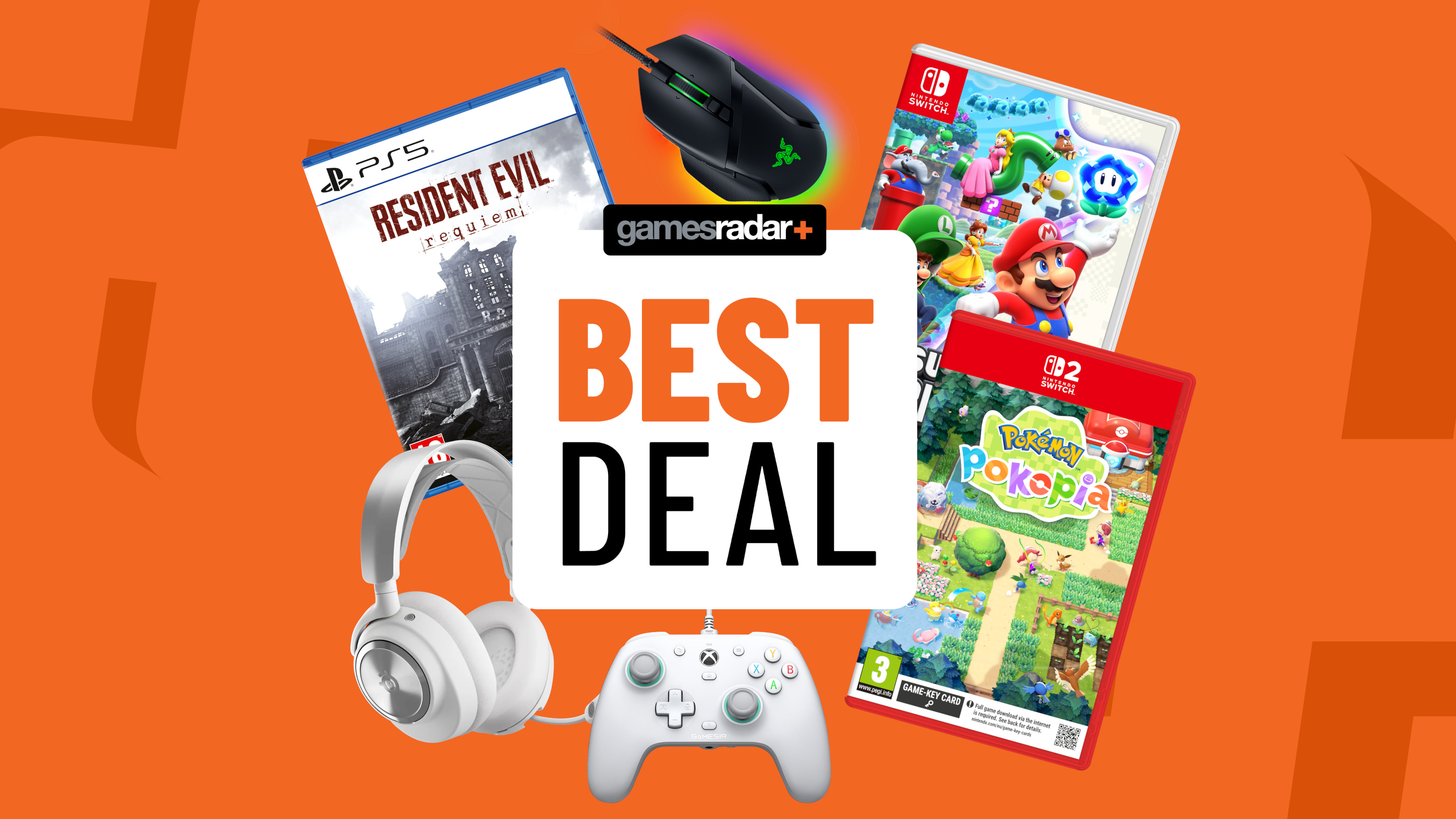 Nintendo Switch and PS5 games and accessories on an orange background with best deal badge