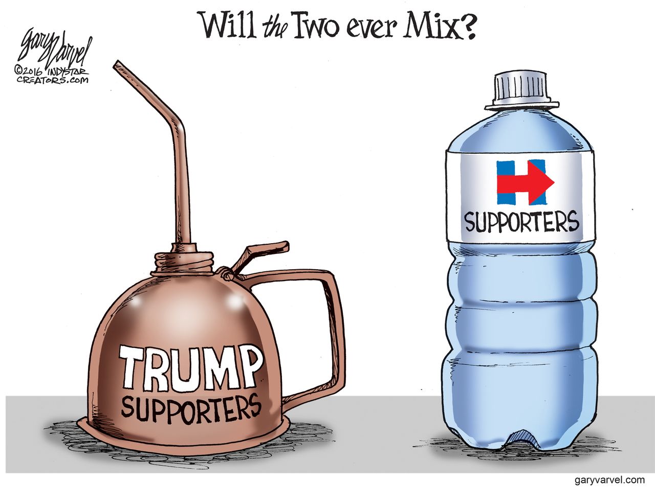 Political cartoon U.S. 2016 election Hillary Clinton Donald Trump oil and water supporters