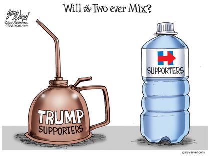 Political cartoon U.S. 2016 election Hillary Clinton Donald Trump oil and water supporters