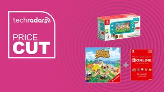 Nintendo Switch Lite Animal Crossing Bundle on a pink background