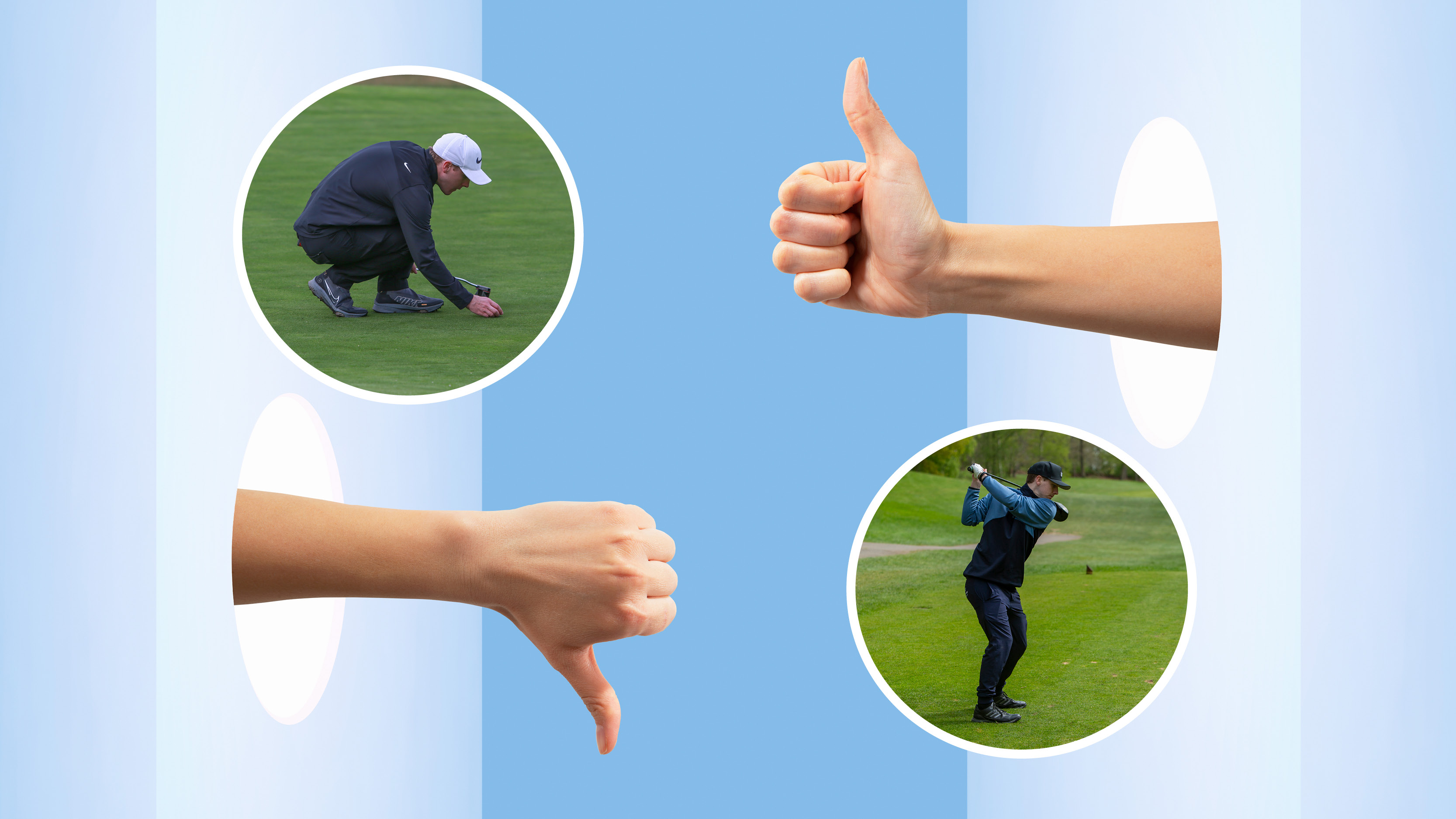 Main image of a thumbs down (bottom left) and a thumbs up (top right) with inset images of Jonny Leighfield playing golf (top left and bottom right)