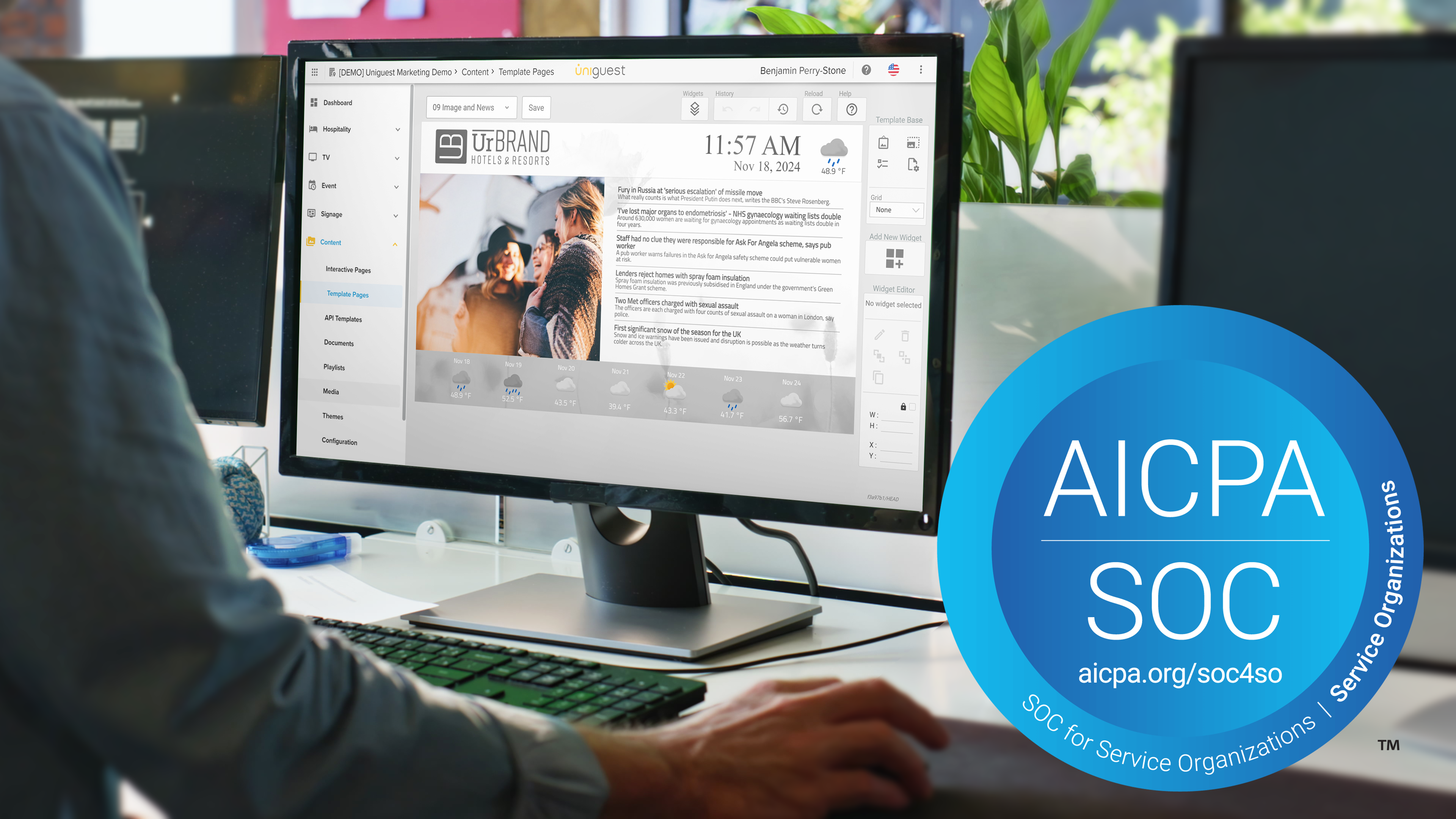 The Uniguest platform on a laptop being used by a male employee at work.