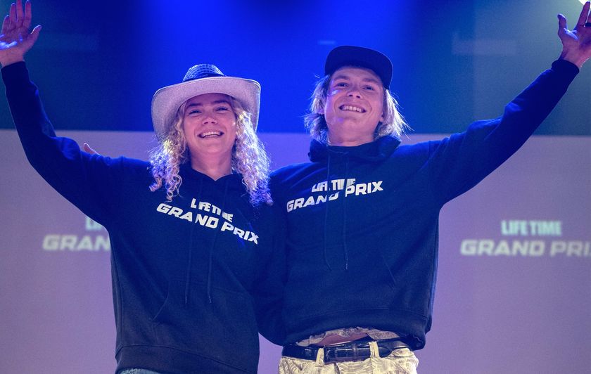 Ruth Holcomb and Griffin Hoppin on the podium as U23 overall winners at 2025 Life Time Grand Prix