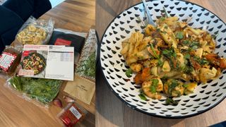 All the ingredients for a Gousto meal alongside the finished dish