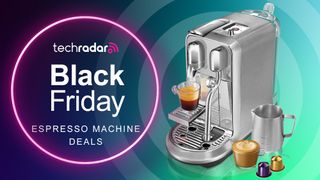 "Black Friday Espresso Machine Deals" next to a high-end Nespresso machine with coffee streaming into a cup