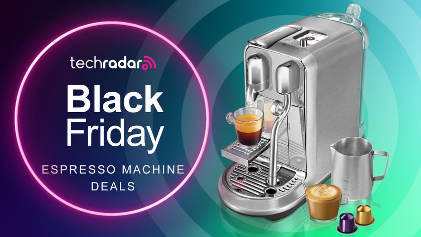 "Black Friday Espresso Machine Deals" next to a high-end Nespresso machine with coffee streaming into a cup