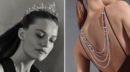 Woman wearing a diamond tiara and a woman wearing a diamond necklace down her back 