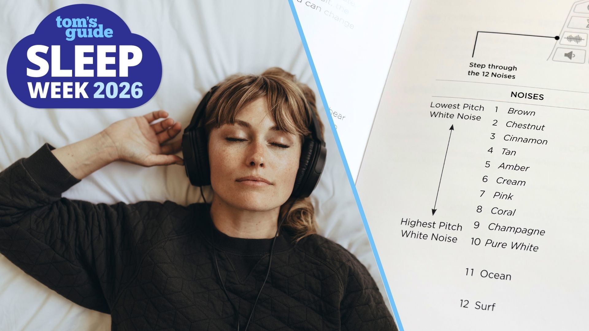An image of the woman listening to white noise through headphones while sleeping. To the image's right, another image shows a list of color noises that the LectroFan EVO White Noise Machine can play.