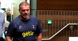 Tottenham Hotspur manager Ange Postecoglou arrives at the Spurs Training Ground on July 10, 2023 in London, England.