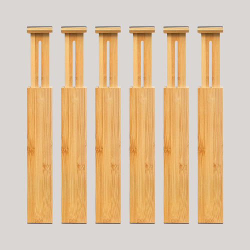 Vaefae Bamboo Drawer Dividers 6-Pack, (42.5-55.5 Cm) Adjustable Drawer Separators Spring Loaded Drawer Organiser Expandable Divider for Kitchen, Cultery, Clothes, Bathroom, Baby Drawer, Tools