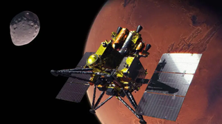 An artist&rsquo;s concept of JAXA&rsquo;s gold-foiled Martian Moons eXploration (MMX) spacecraft at Mars with an odd-shaped moon in the background.