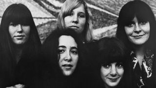 Ace Of Cups" pose for a late 1960's portrait. (L-R) Marla Hunt, Denise Kaufman (front), Mary Simpson Mercy, Diane Hursh (front), Mary Gannon