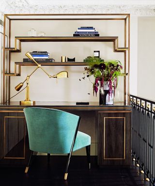 office with turquoise chair and art deco style shelving