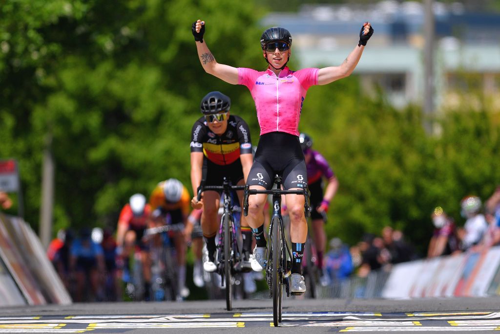 GOTHA GERMANY MAY 30 Lorena Wiebes of Netherlands and Team DSM Pink UCI Womens WorldTour Leader Jersey stage winner celebrates at arrival Lotte Kopecky of Belgium and Team Belgium in 2nd place during the 34th Internationale LOTTO Thringen Ladies Tour 2021 Stage 6 a 978km stage from Gotha to Gotha ltlt2021 lottothueringenladiestour womencycling on May 30 2021 in Gotha Germany Photo by Luc ClaessenGetty Images