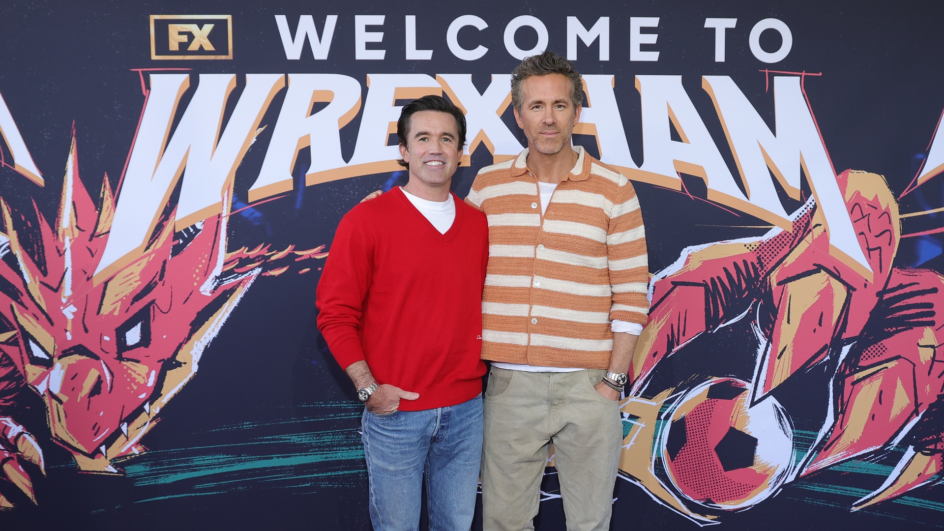 Rob McElhenney and Ryan Reynolds at a red carpet event promoting FX&amp;rsquo;s Welcome to Wrexham