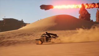 A screenshot from the State of Unreal address at GDC 2024, showing a character riding a futuristic motorbike across the sand in the upcoming Dune game with a spaceship on fire above