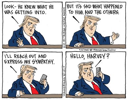 Political cartoon U.S. Trump fallen soldier Harvey Weinstein