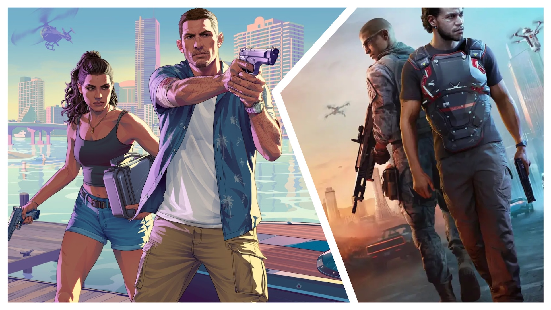On the left, the cover art for GTA VI showing both protagonists. On the right is the main character of MindsEye