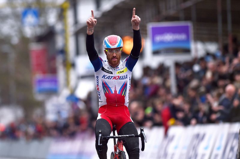 Luca Paolini (Katusha) celebrates his Gent-Wevelgem win