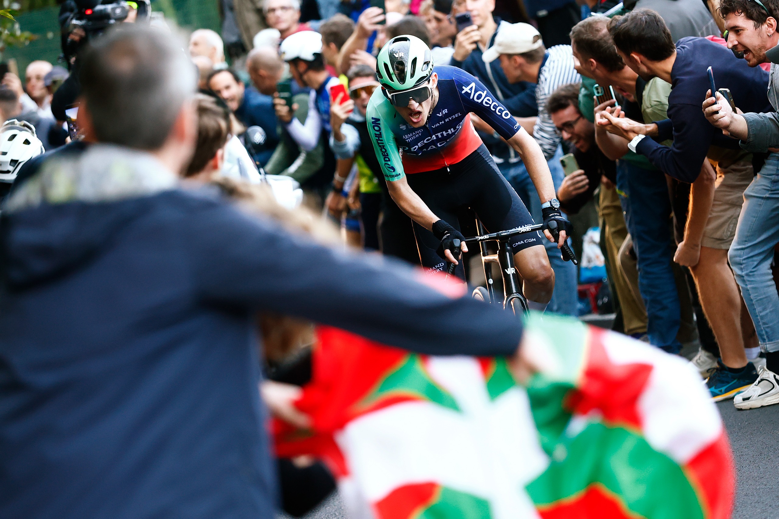 Paul Seixas of Team Decathlon CMA CGM Team attacks solo in the closing stages of the 120th Il Lombardia 2026