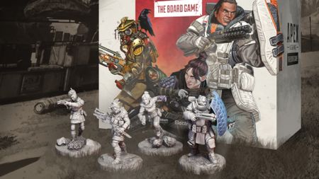 Apex Legends: The Board Game box and miniatures on a backdrop of King's Canyon