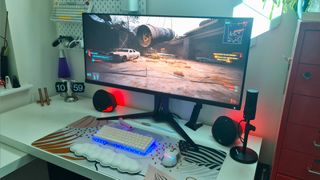 AOC Agon AG405UXC with Cyberpunk 2077 gameplay on screen